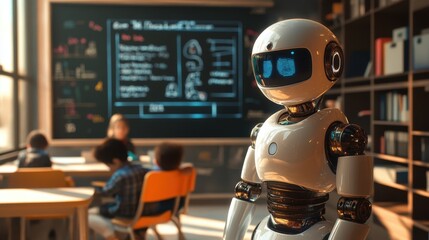 Robotic teacher assists children in a classroom setting with advanced technology and interactive learning