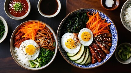 A vibrant Korean bibimbap dish with fresh vegetables, sunny-side-up eggs, and seasoned meat, beautifully arranged in a bowl