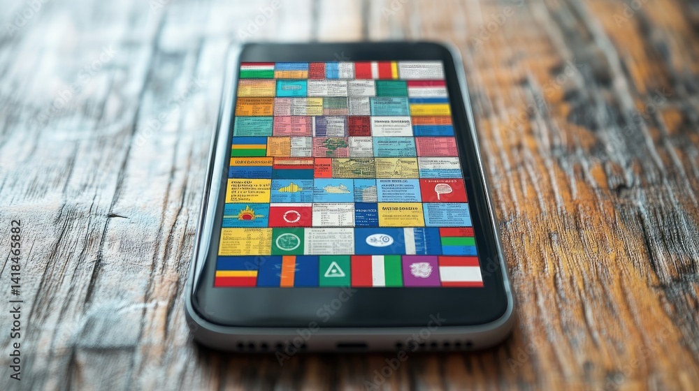 Poster mobile phone displaying language app with dictionary, flags, and phrase examples