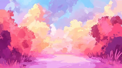 Fototapeten Dreamy watercolor landscape with pink  golden trees bordering a pastel river under colorful clouds © fledermausstudio