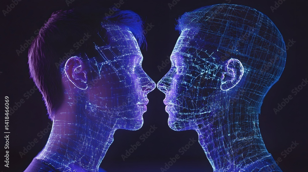 Poster two faces are shown in a blue and purple color scheme. the faces are connected by a line, which sugg