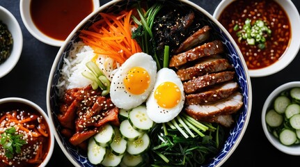 A vibrant Korean bibimbap dish with fresh vegetables, sunny-side-up eggs, and seasoned meat, beautifully arranged in a bowl