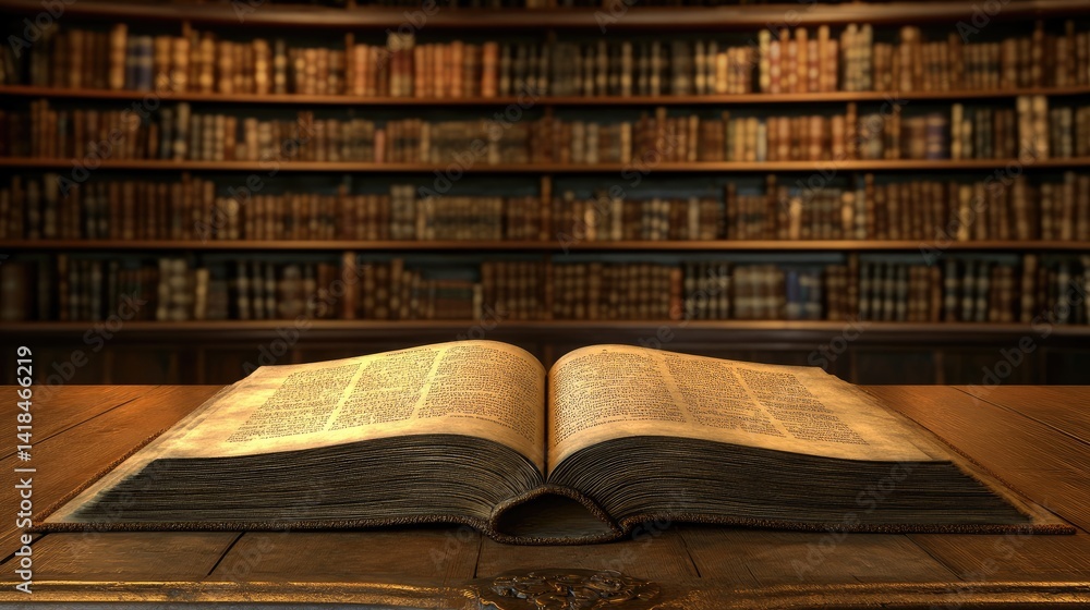 Poster open book resting on a library table with rows of blurred shelves in the background