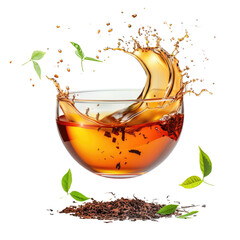 Splashing tea in glass bowl with fresh leaves, dynamic liquid movement captured on Transparent Background, vivid colors and textures in beverage scene