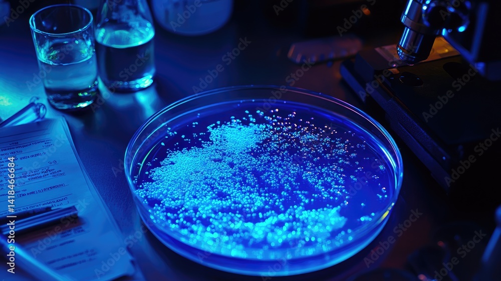 Poster petri dish showing cell reaction under microscope with lab documentation nearby