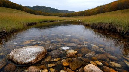 Naklejka premium Tranquil creek through autumnal meadow