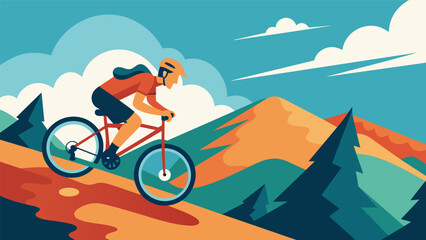 A mountain biker racing downhill on a virtual trail dodging obstacles and testing their endurance as they prepare for a grueling mountain biking. Vector illustration