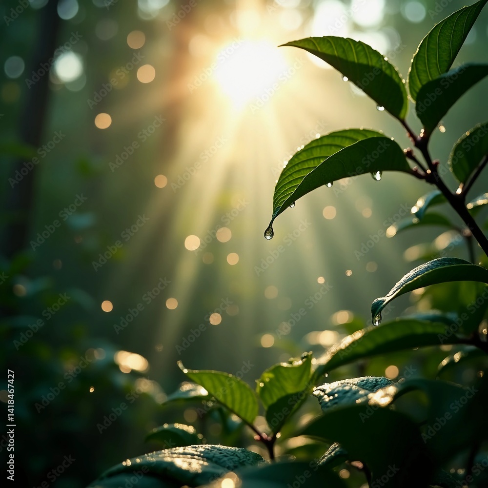 Poster In a serene forest, golden sunlight streams through the trees, highlighting vibrant green leaves adorned with fresh droplets of water. Dust particles dance in the warm glow Generative AI