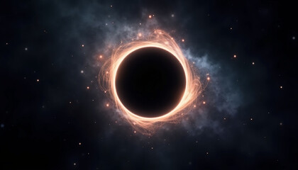 A black hole captivates with its immense gravitational pull, surrounded by vibrant streams of cosmic dust and radiant stars illuminating the dark expanse of space Generative AI