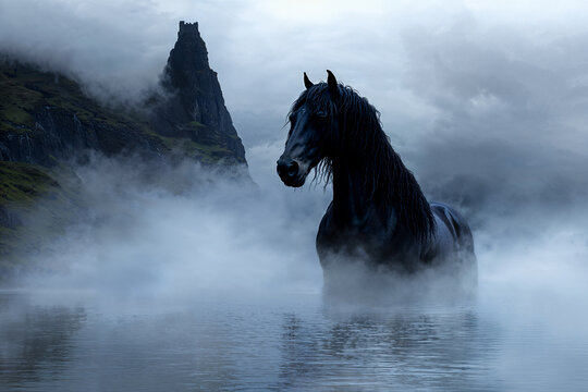 A water kelpie in a Scottish loch with cliff castle in background, mythical horse of folklore