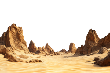 Majestic desert landscape with sharp mountain peaks and golden sand dunes isolated on transparent background
