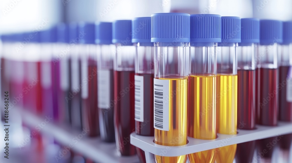 Poster row of test tubes with colored liquids arranged in lab rack, symbolizing diagnostics