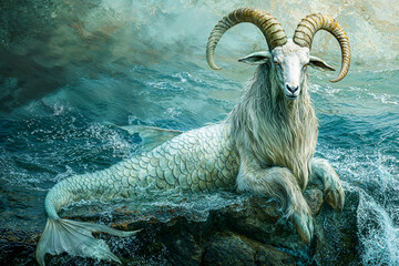 A sea goat or Capricorn on a rock in the sea, half-goat half-fish legendary mythological creature