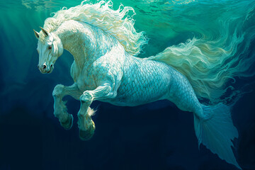 Hippocampus or sea-horse swimming underwater, mythological creature