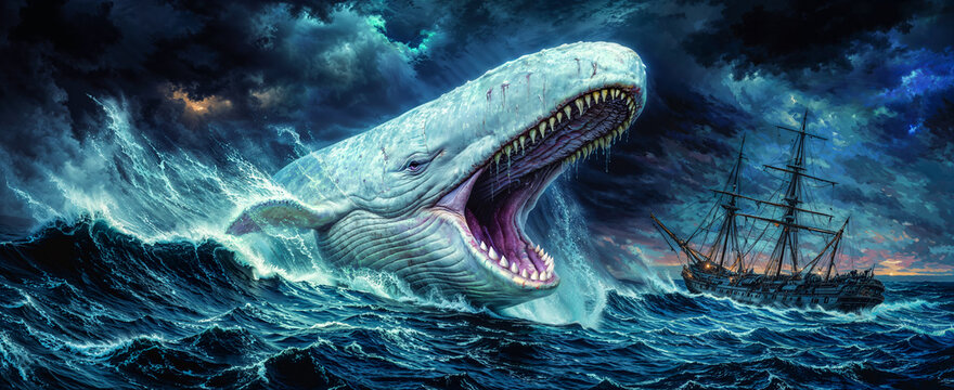 Injured harpooned white whale attacking a sailing ship, wide banner