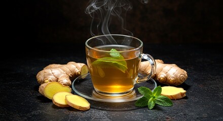 A steaming cup of ginger tea in a transparent glass cup with saucer, surrounded by fresh ginger slices and mint leaves
