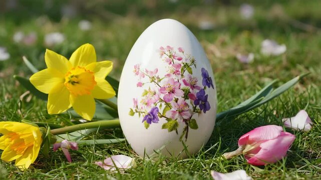 Decorated easter egg with floral pattern lying on green grass with blooming daffodils and pink tulip.
