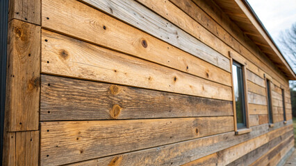 Green building materials concept. Weathered wooden wall with rustic texture and window detail.