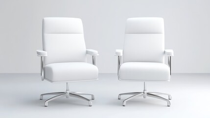 Fototapeta premium White Executive Chairs Chrome Base Minimalist Style High-Resolution Studio Lighting Frontal Two-Chair View Clean Lines Modern Design Waiting Area Bright White Corporate Setting