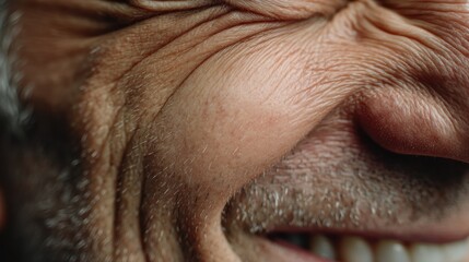 Close-up portrait of an elderly man's face showcasing a joyful expression, with detailed textures of skin, wrinkles, and facial hair. The focus is on the intricate details around the eye and cheek, ca