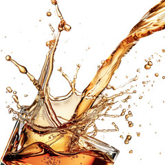 Splash of Golden Liquid from a Glass, Capturing the Moment of Refreshing Drink with Vivid Droplets in Bright Lighting, isolated transparent background