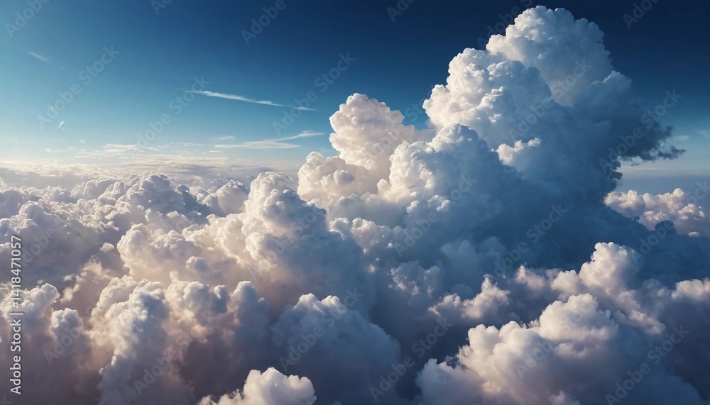 Poster Fluffy clouds swirl and billow high above, casting delicate shadows across the horizon. The sun bathes the scene in warm light, illuminating their soft curves Generative AI