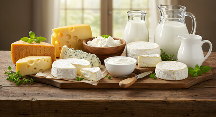 Artisan Dairy Delights Still Life Composition On Rustic Wooden Table