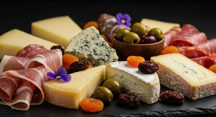 Assorted cheeses olives meats and dried fruits on a dark surface.