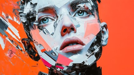 A digitally fragmented portrait of a woman with blue eyes