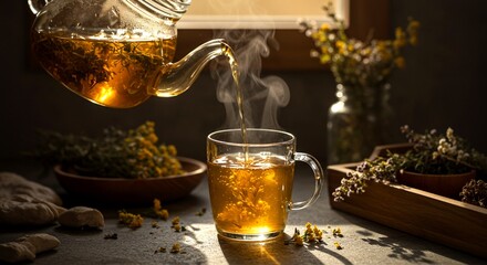 Herbal tea being poured into a glass cup, steam rising, natural golden light from a window