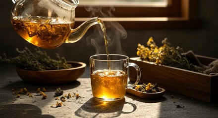 Herbal tea being poured into a glass cup, steam rising, natural golden light from a window