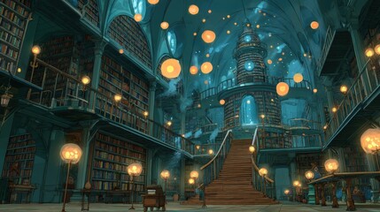Fototapeta premium A grand library interior featuring tall, ornate bookshelves filled with books, illuminated by floating orbs of warm light. A spiral staircase leads up to a prominent tower-like structure at the center