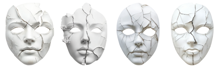 Cracked Artistic Masks Representing Emotions and Fragility of Identity, Isolated on Transparent Background