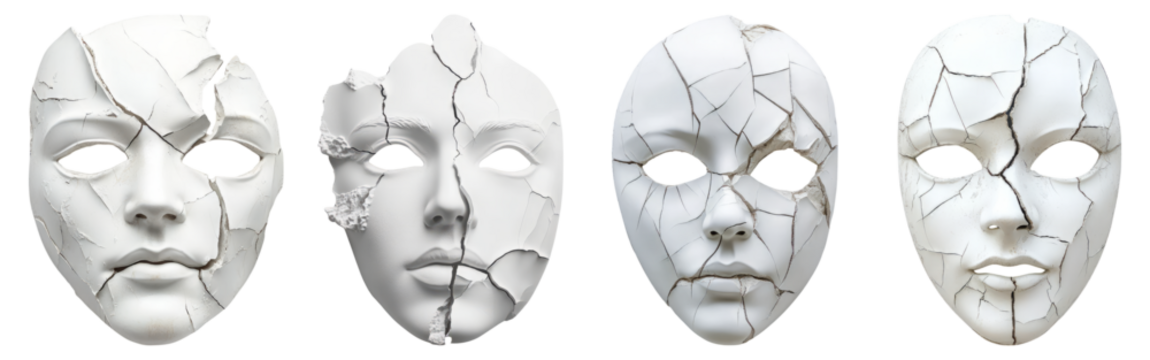 Cracked Artistic Masks Representing Emotions and Fragility of Identity, Isolated on Transparent Background