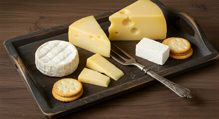 Delicious Cheese Selection On Wooden Tray Appetizing Gourmet Still Life