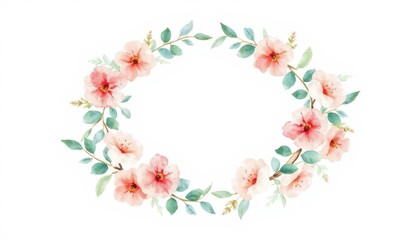 Fototapeta premium Floral wreath design with pink flowers and green leaves 
