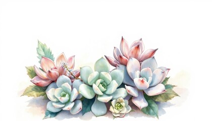 Succulent flowers arrangement in watercolor style with soft colors  