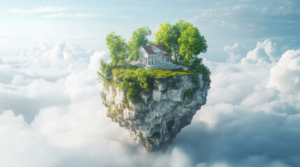 A small house sits atop a floating island surrounded by clouds