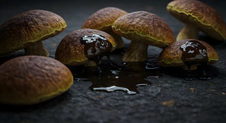 Porcini Mushrooms Drizzled With Dark Treacle on a Slate Surface