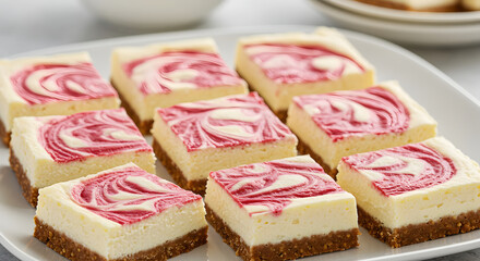 Delicious Cheesecake Swirl Squares With Raspberry Sauce On A White Plate