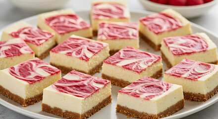 Delicious Cheesecake Bars With Swirled Raspberry Topping Ready to Eat