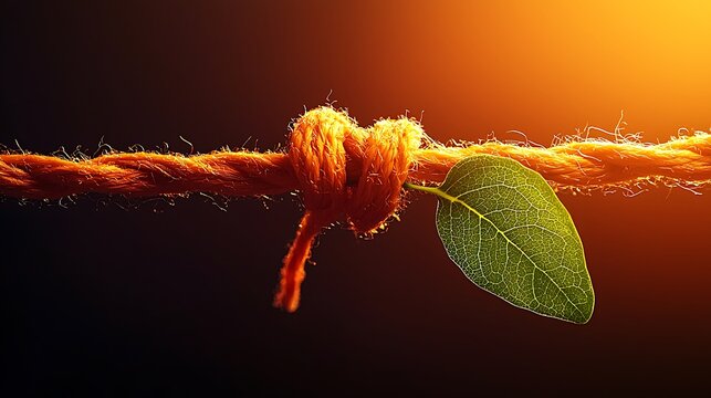 Close-up of a vibrant orange rope knot with a green leaf, set against a warm, glowing background
