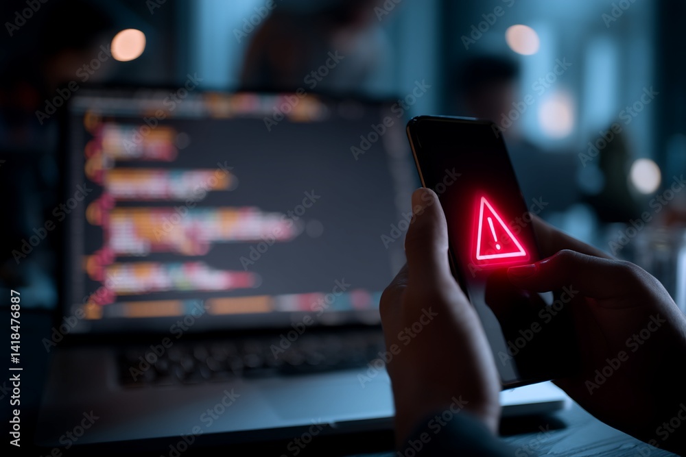 Poster smartphone displaying warning icon with laptop background