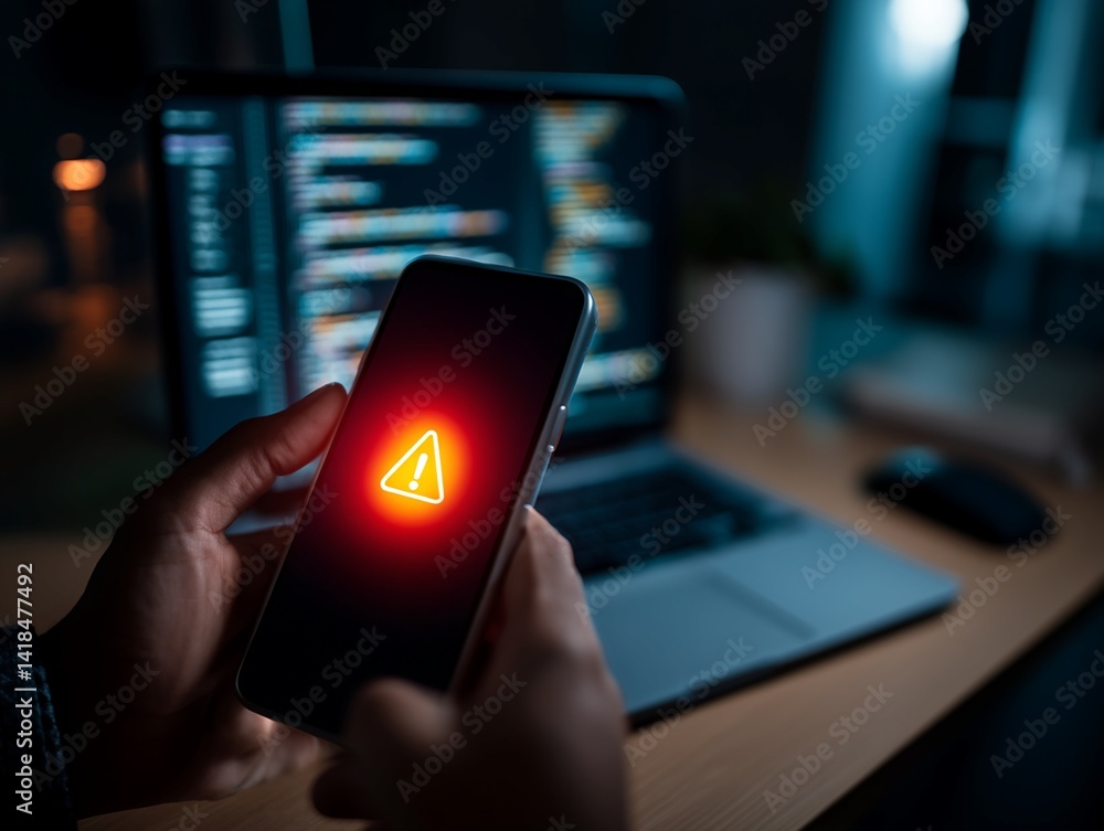 Poster smartphone warning alert with laptop and code in background