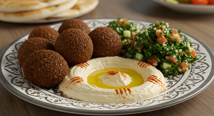 Middle Eastern Feast Featuring Falafel Hummus and Refreshing Tabbouleh Salad