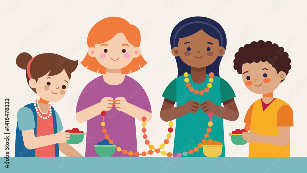 Poster a small group of children huddled around a table carefully threading beads onto strings to make vibr