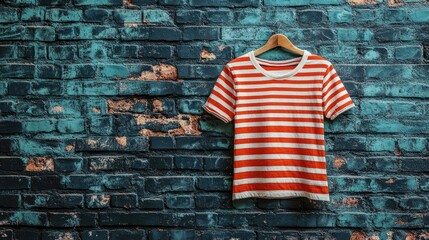 Striped t-shirt hangs on wooden hanger against teal brick wall.