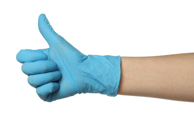 Doctor in medical glove showing thumbs up on white background, closeup