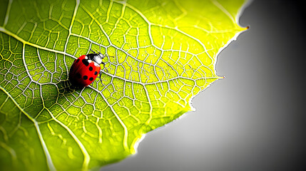 Ladybug on green leaf, nature macro, vibrant background, spring