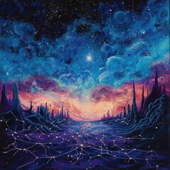 A vibrant and surreal cosmic landscape depicting towering rock formations against a starry night sky filled with swirling nebulas in shades of blue, purple, and hints of pink and orange. Ethereal ligh
